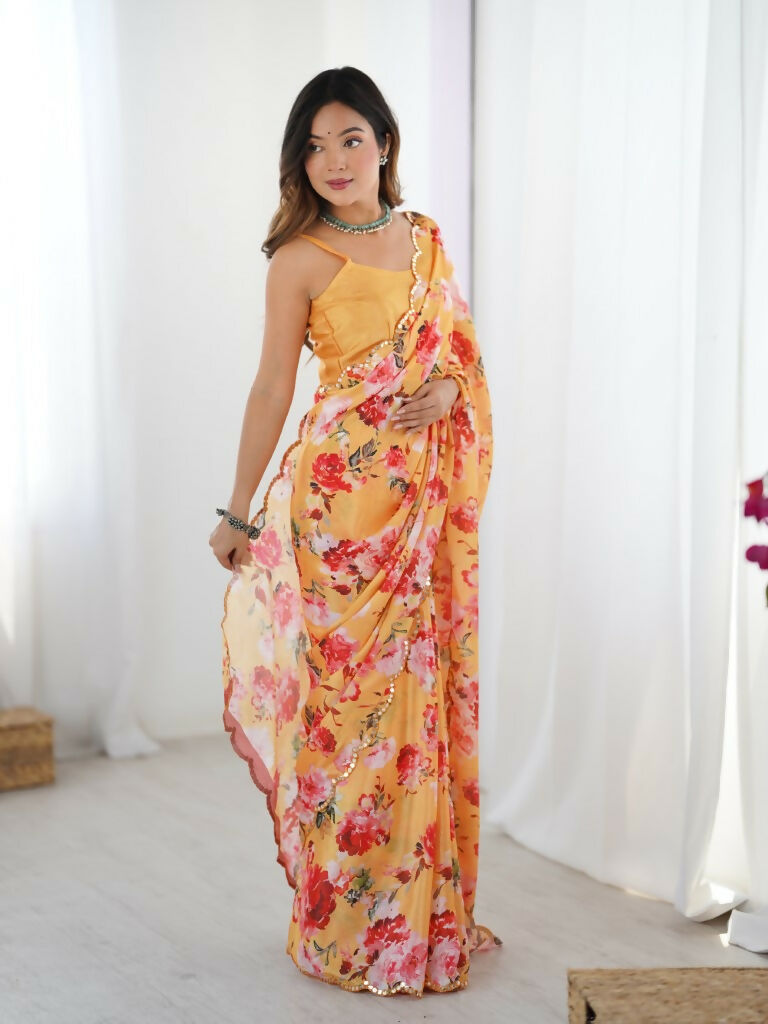 Orange Chinon Designer Digital Printed,Mirror Cut Work Saree - Elayna | Grocsy