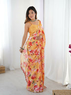 Orange Chinon Designer Digital Printed,Mirror Cut Work Saree - Elayna | Grocsy