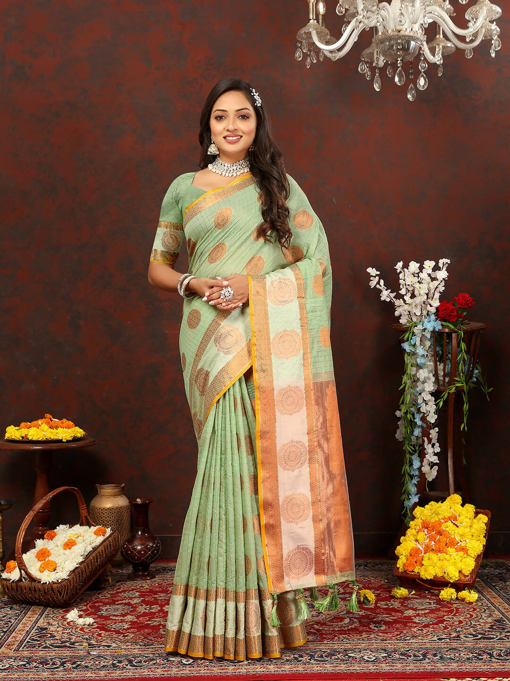 Lorenvalley Fashion Seagreen Cotton with Woven Design Zari Weaving Saree | Grocsy