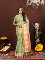 Lorenvalley Fashion Seagreen Cotton with Woven Design Zari Weaving Saree | Grocsy