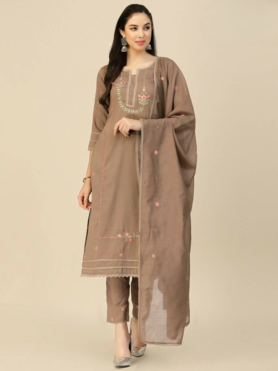 Brown Embroidered Chinon Straight Kurta With Trouser & Dupatta - Salimar | Grocsy