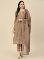 Brown Embroidered Chinon Straight Kurta With Trouser & Dupatta - Salimar | Grocsy