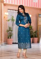 Juniper Women's Teal Ethnic Motif Printed Cotton Kurta & Pant Set | Grocsy