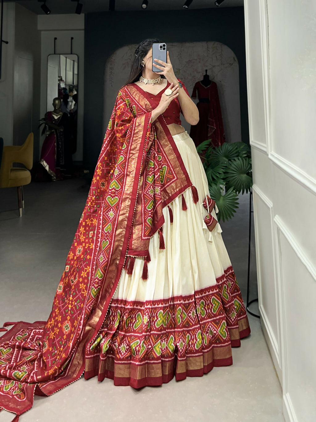 Lorenvalley Offwhite and Red Tussar Silk Patola Print Lehenga Choli | Grocsy