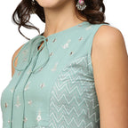 Sea Green & White Ethnic Motifs Embroidered Pure Cotton Maxi A-Line Dress - Poonam | Grocsy