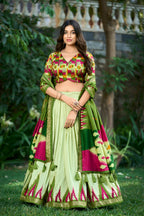 Vastranavya Printed and Foil Work Tussar Silk Lehenga with Unstitched Blouse - Pista | Grocsy