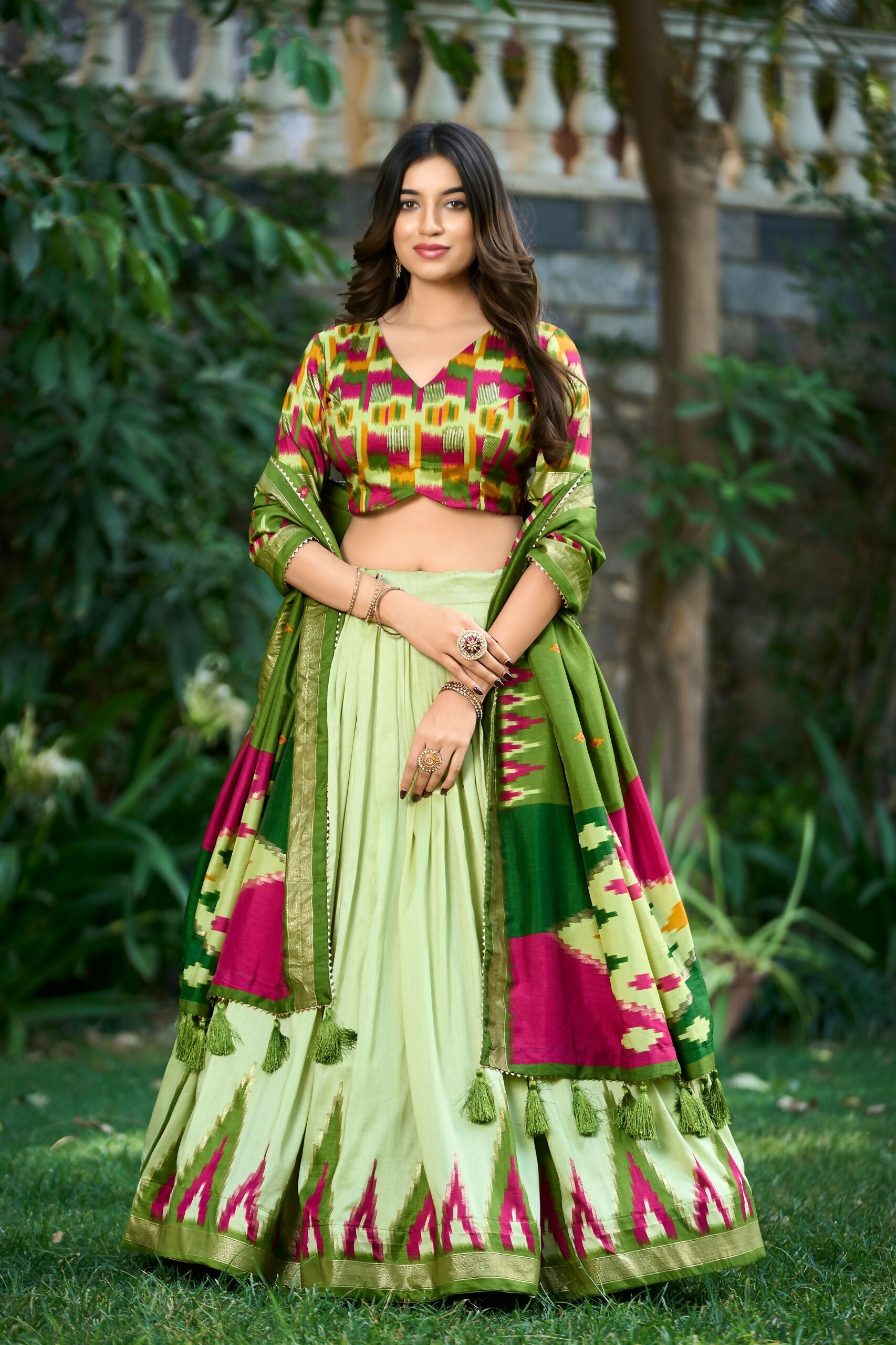 Vastranavya Printed and Foil Work Tussar Silk Lehenga with Unstitched Blouse - Pista | Grocsy