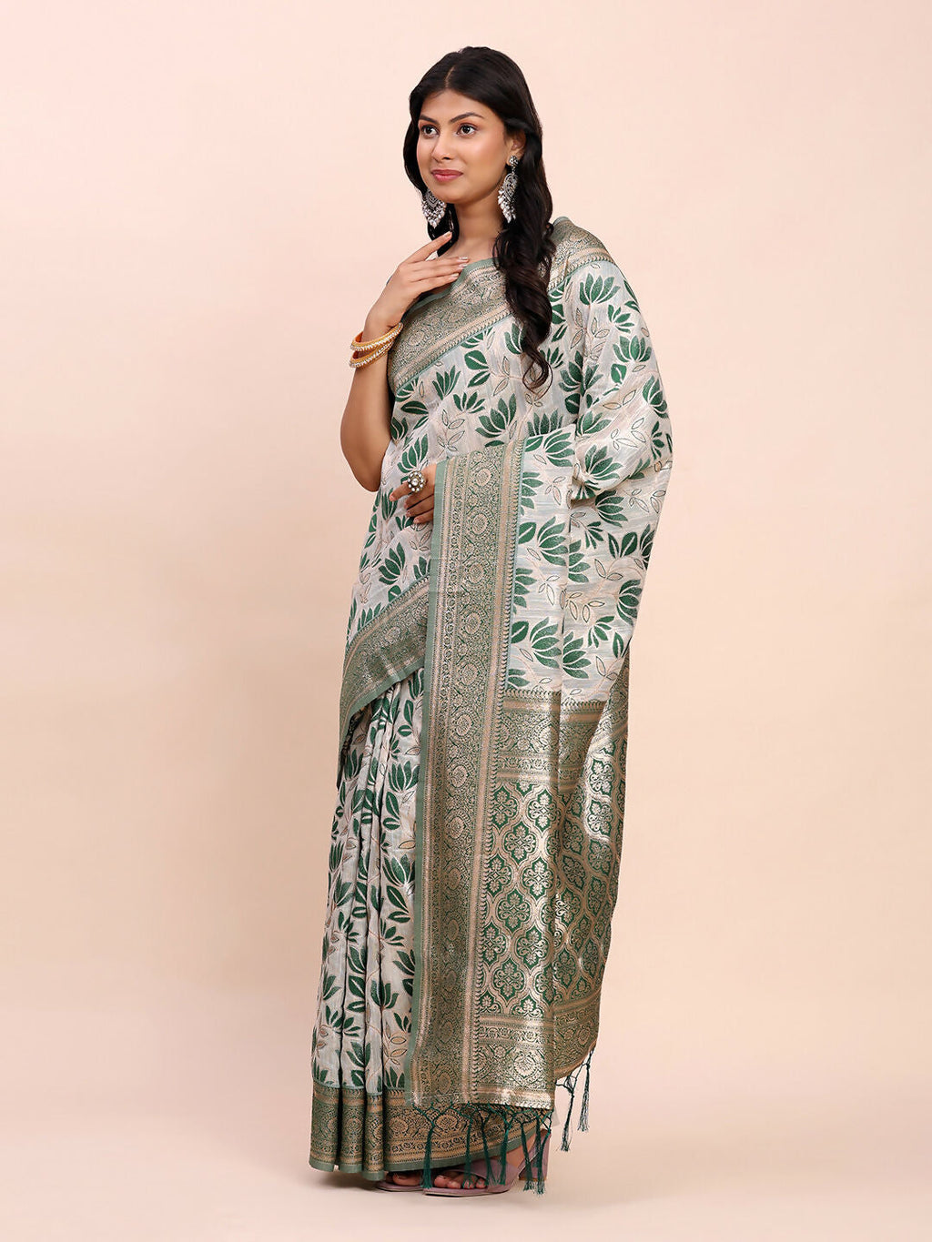 Shree Shyam Fashion Linen Cotton Green Saree | Grocsy