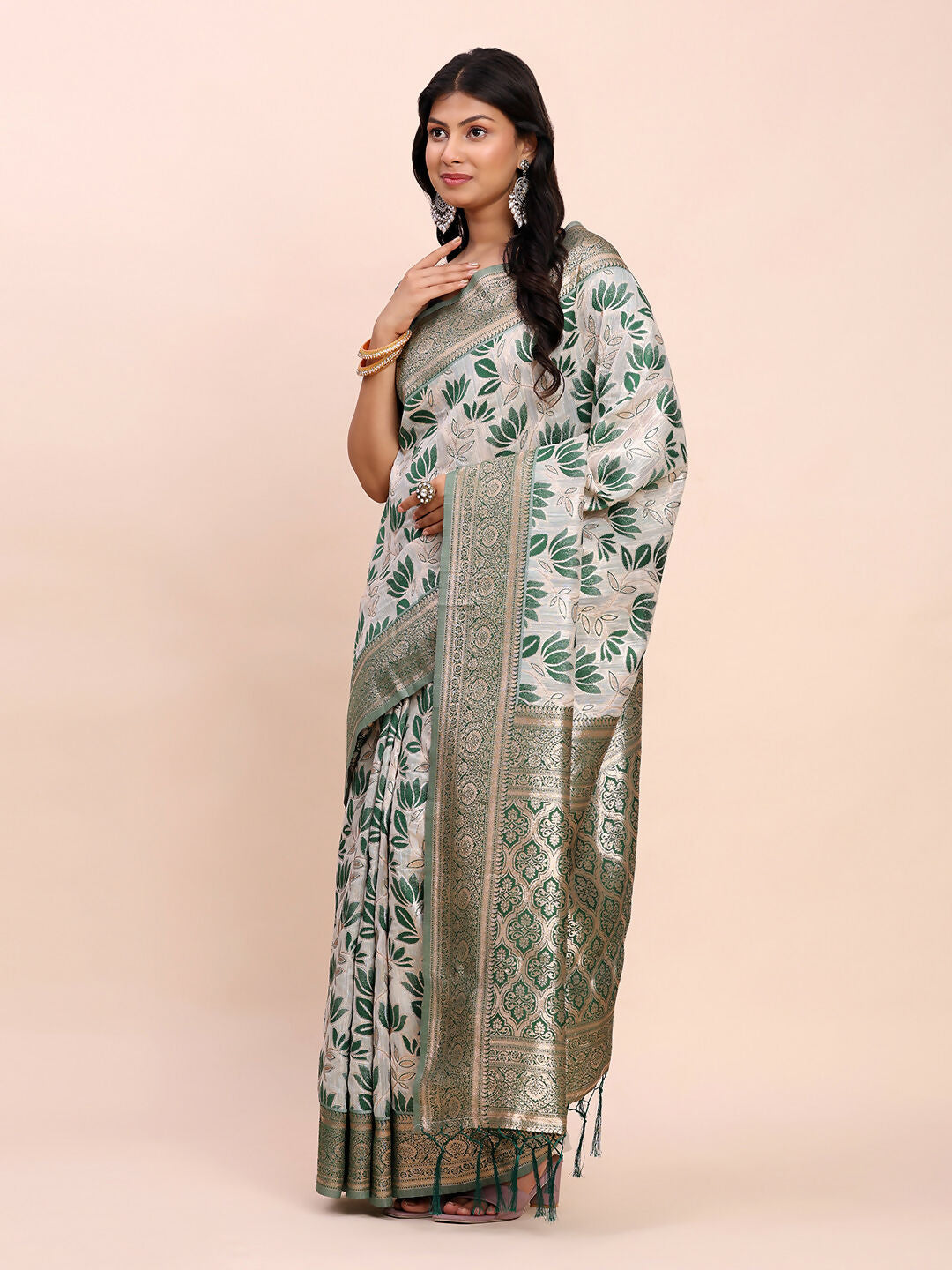 Shree Shyam Fashion Linen Cotton Green Saree | Grocsy