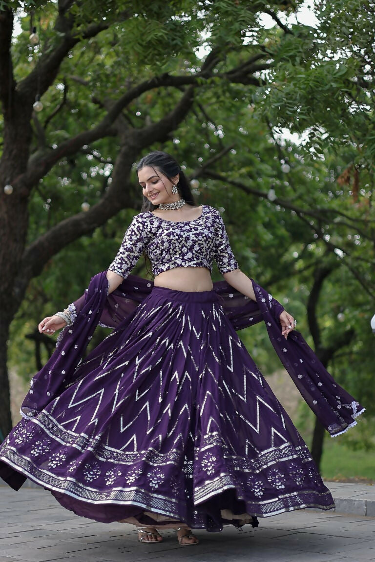 Vastranavya Faux Blooming With Sequins And Thread Embroidered Work Lehenga Choli With Dupatta - Purple | Grocsy
