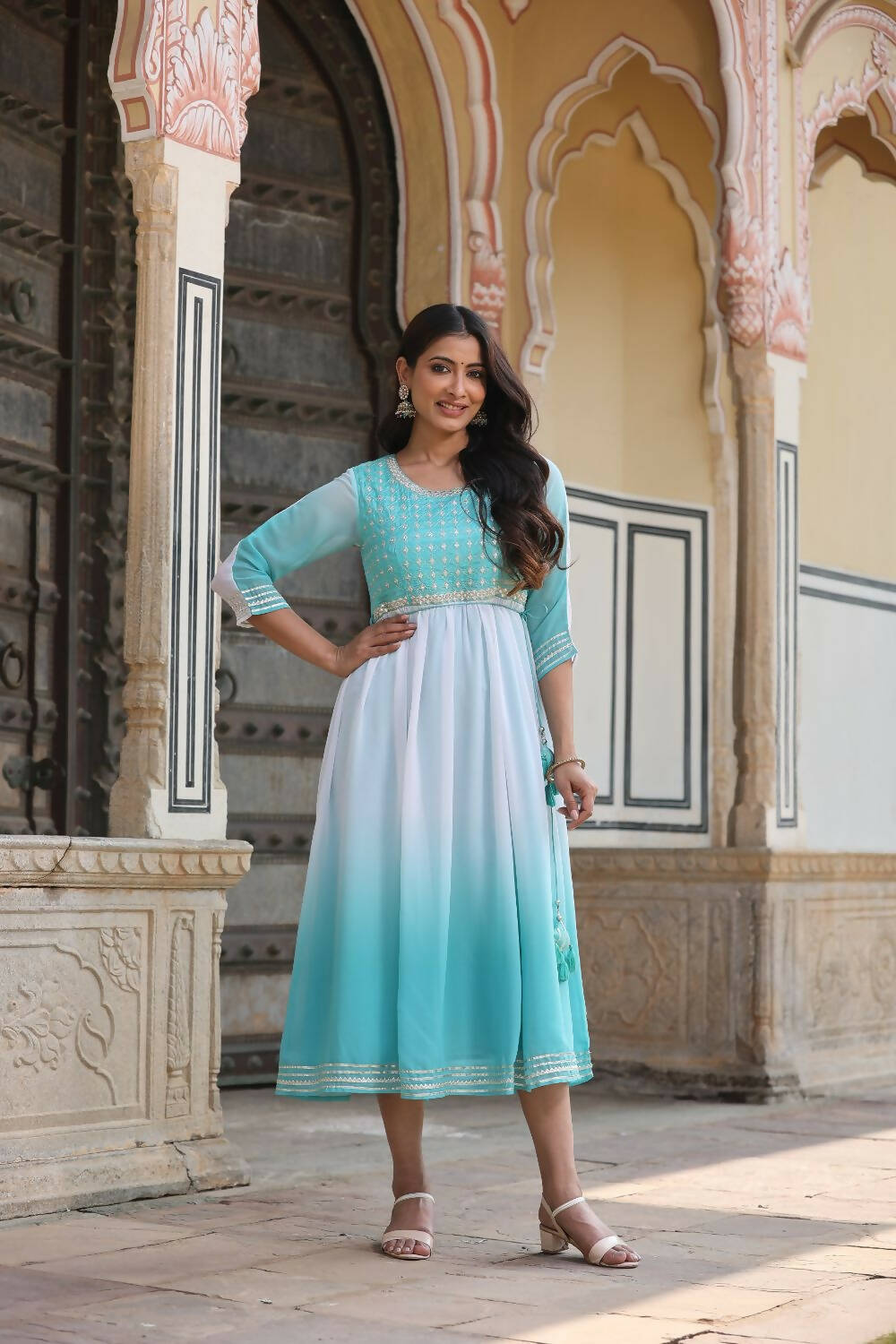 Juniper Women Teal Georgette Embroidered Maxi Dress | Grocsy