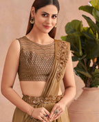 Beige Satin Embroidered Ready To Wear Saree With Unstitched Blouse Piece - Nandika | Grocsy