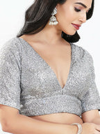 Joban Fashion Silver Silk Padded Blouse With V Neck Elbow Sleeves | Grocsy