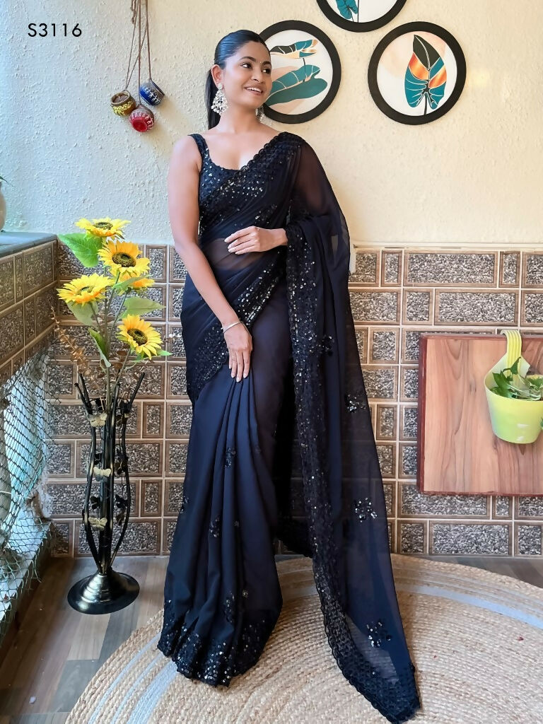 Black Georgette Sequence Embroidery Cut Work Saree - Saadia | Grocsy