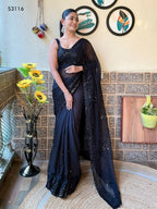 Black Georgette Sequence Embroidery Cut Work Saree - Saadia | Grocsy
