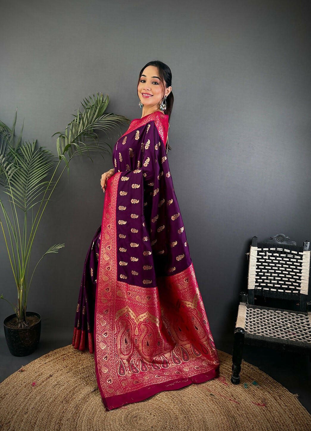 Joban Fashion Banarasi Purple Woven Butti Soft Silk Saree | Grocsy