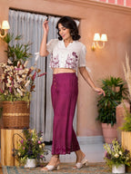 Juniper Women's Wine Thread Embroidered Cotton Shirt Crop Top & Pant Co-Ord Set With Buttons & Tie-ups | Grocsy