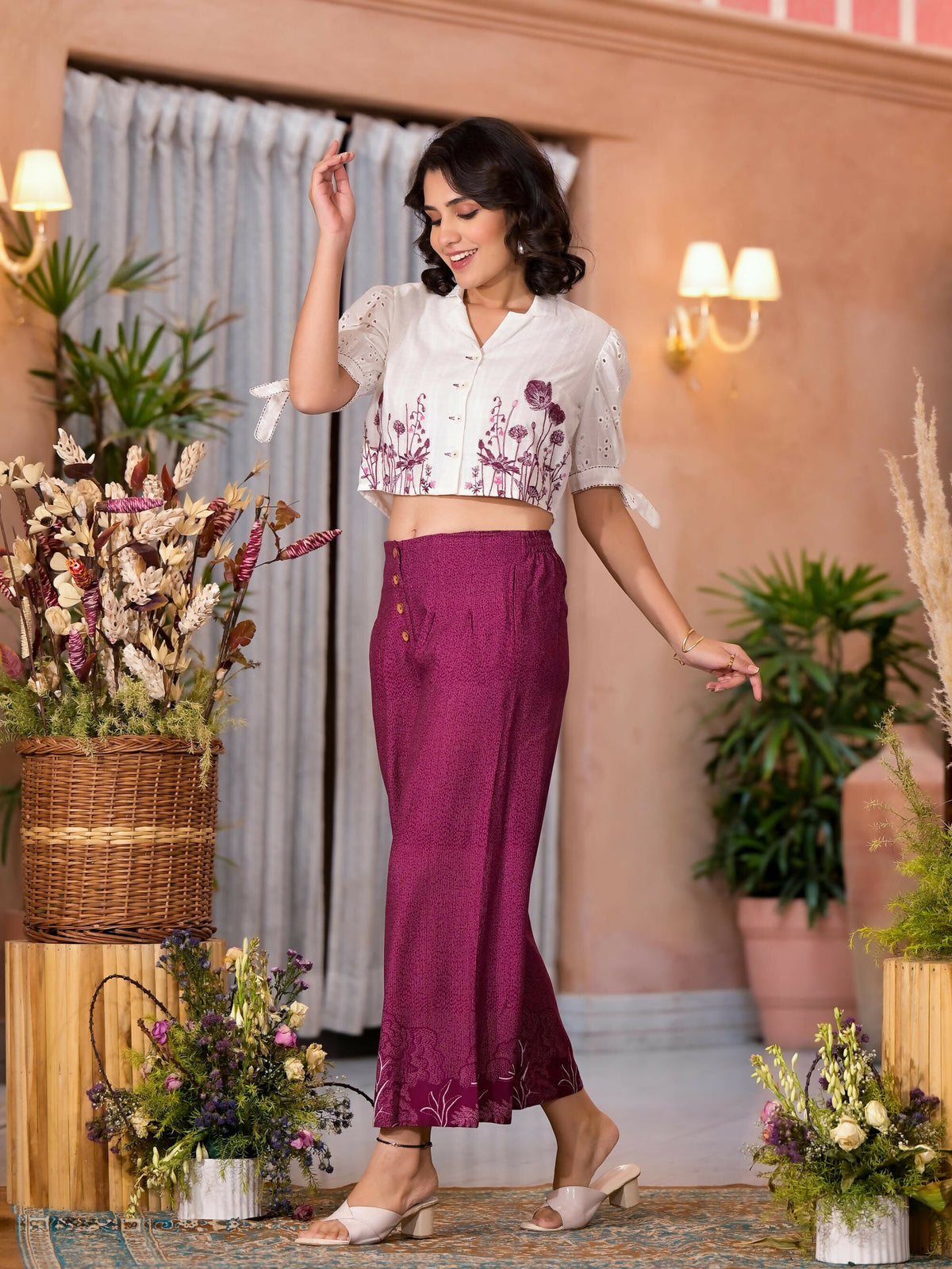 Juniper Women's Wine Thread Embroidered Cotton Shirt Crop Top & Pant Co-Ord Set With Buttons & Tie-ups | Grocsy