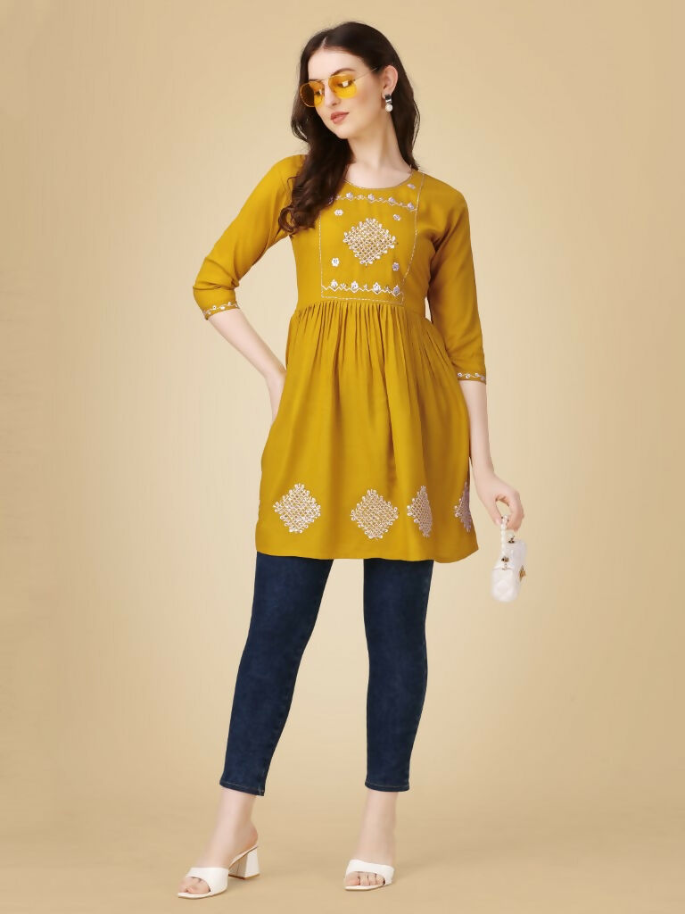 Jyoti Fashion Women's Mustard Viscose Rayon Embroidered Casual Top | Grocsy