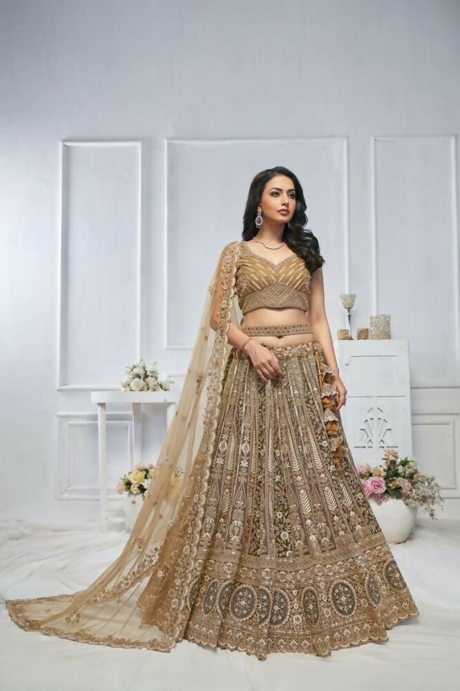 Kesar Fab Brown Net Embroidered Lehenga | Grocsy