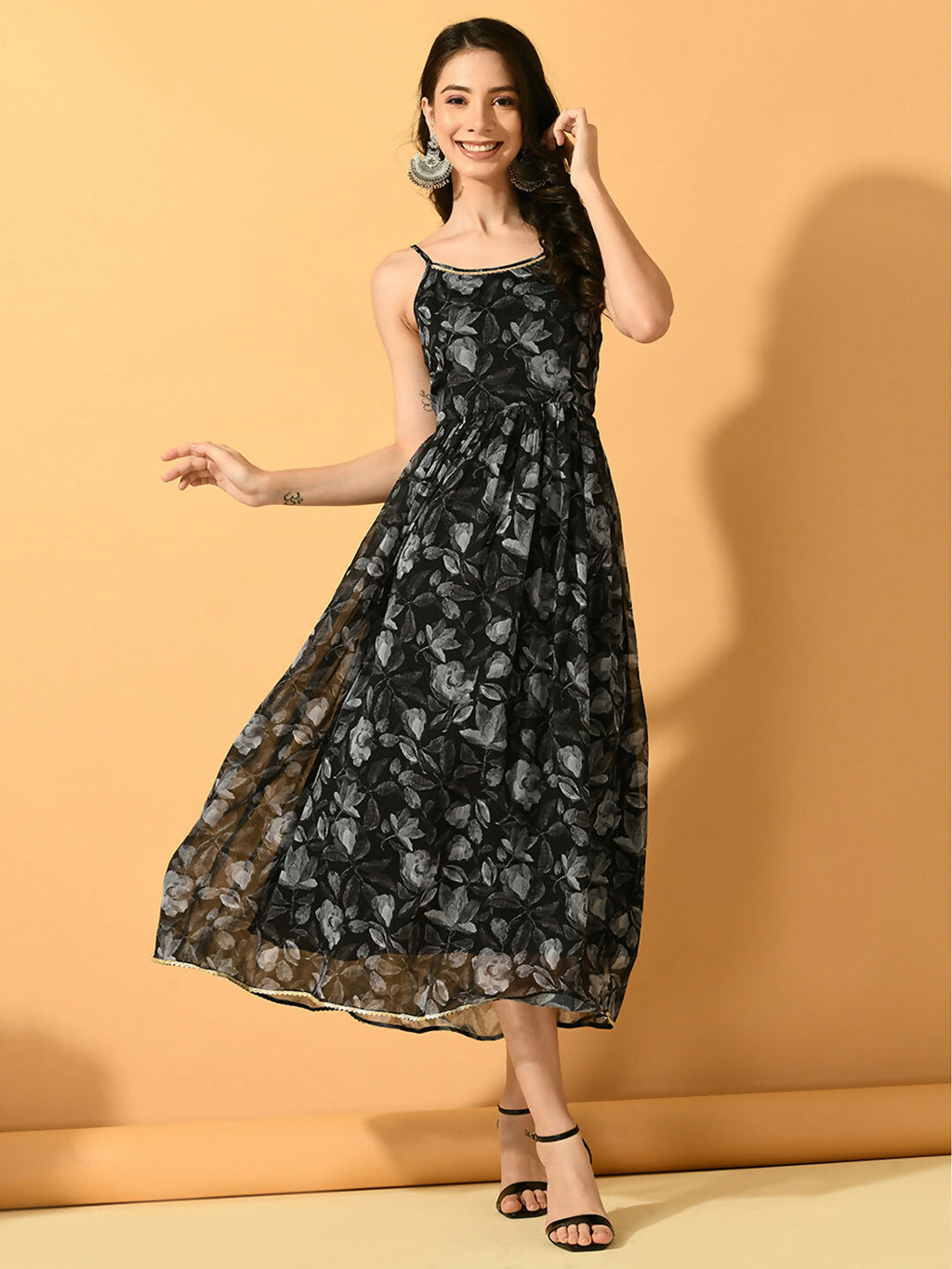 Myshka Women's Black Fit and Flare Party Dress | Grocsy