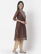 Myshka Women Maroon Chanderi Embroidered 3/4 Sleeve Round Neck Kurta | Grocsy