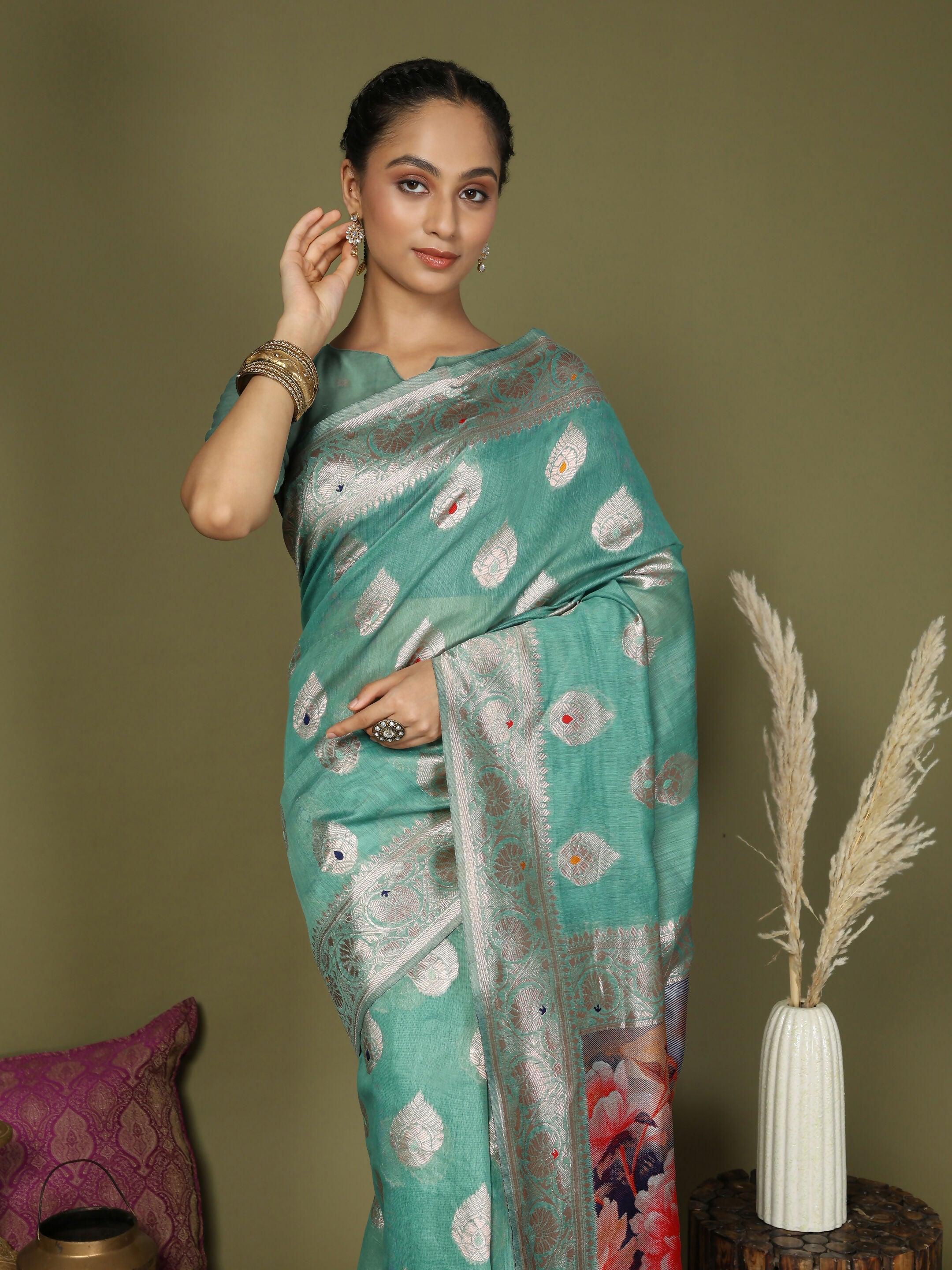 Shree Shyam Fashion Linen Cotton Rama Green Saree | Grocsy