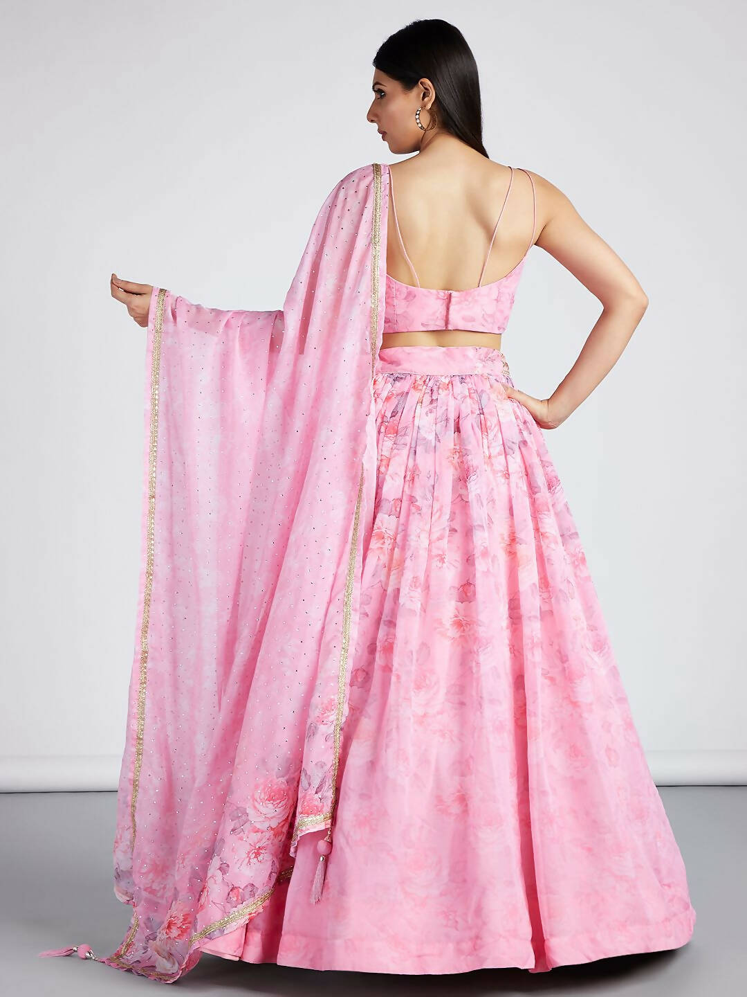 House of Panchhi Coral colour Organza Floral design digital print Semi-Stitched Lehenga choli & Dupatta | Grocsy