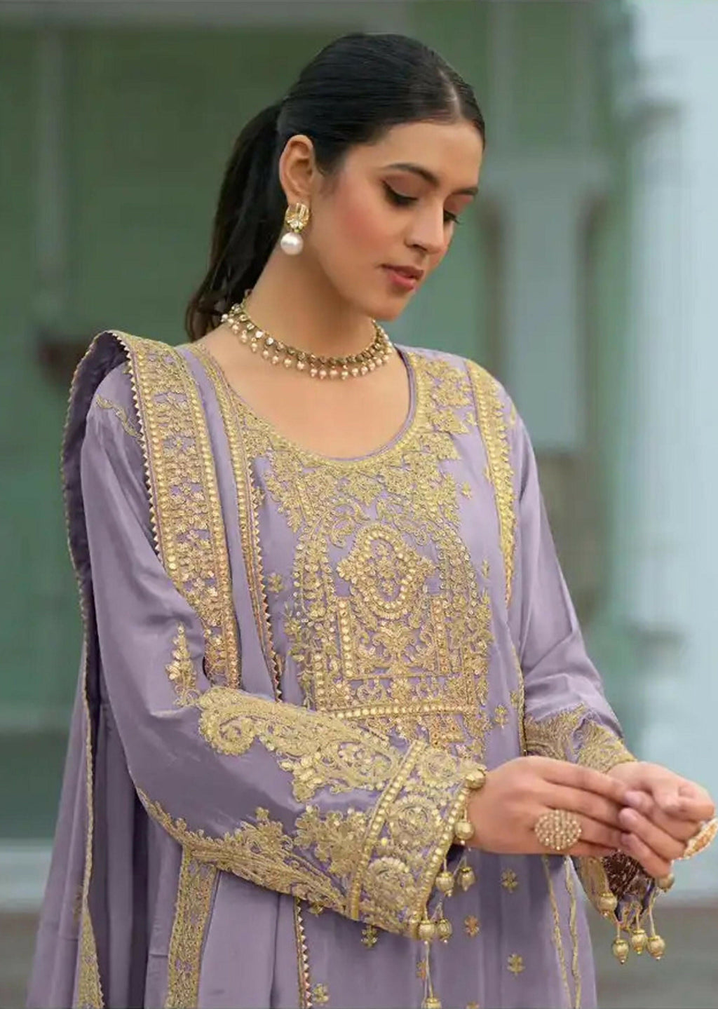 Anaita Lavender Heavy Chinon Readymade Palazzo Suit with Heavy Embroidery Work | Grocsy