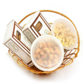 Ghasitaram Holi Hampers: Golden Metal Basket of Gujiya, Chocolate Gujiya, Kaju Biscuits, Mini Namkeen Gujiyas | Grocsy