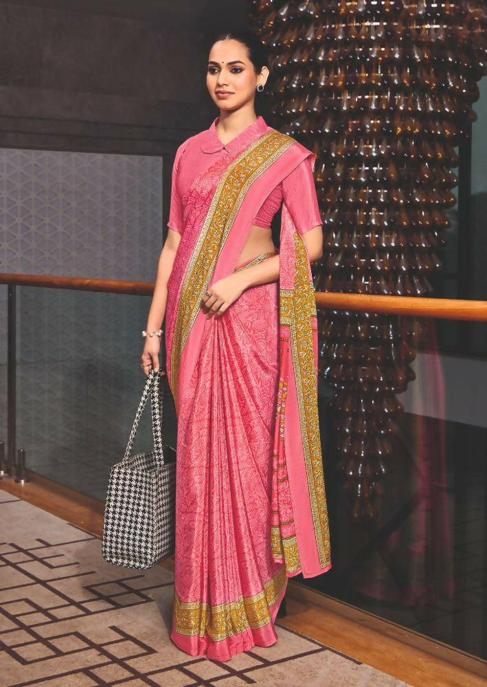 Joban Fashion Pink Crepe Silk with Traditional Print Saree | Grocsy