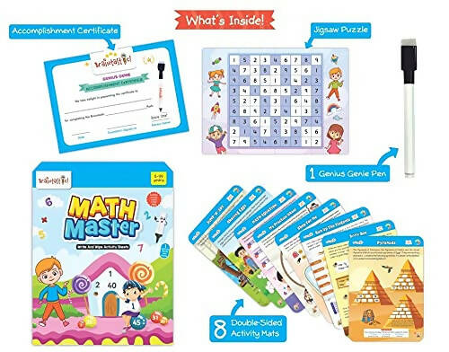 Braintastic Educational Game: Math Master (6-99 Years) Write & Wipe Reusable Activity Sheets with Free Puzzle for Kids | Grocsy