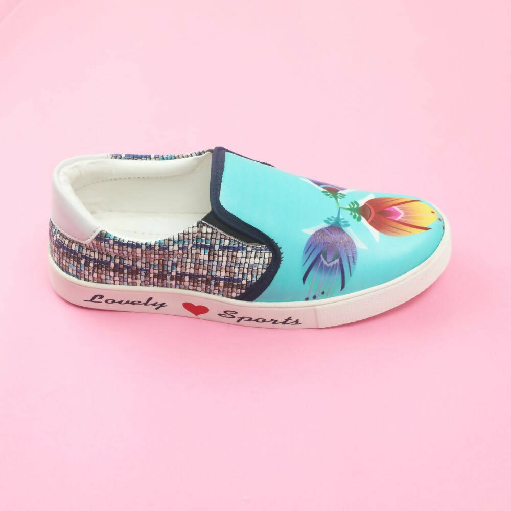 Tiny Bugs Girls Flower Printed Slip Ons Sneakers - Sky Blue | Grocsy