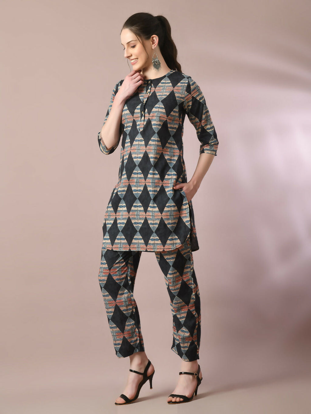 Myshka Women's Multi Printed Cotton Round Neck Party Tunic With Trousers Co-ord set | Grocsy
