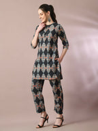 Myshka Women's Multi Printed Cotton Round Neck Party Tunic With Trousers Co-ord set | Grocsy