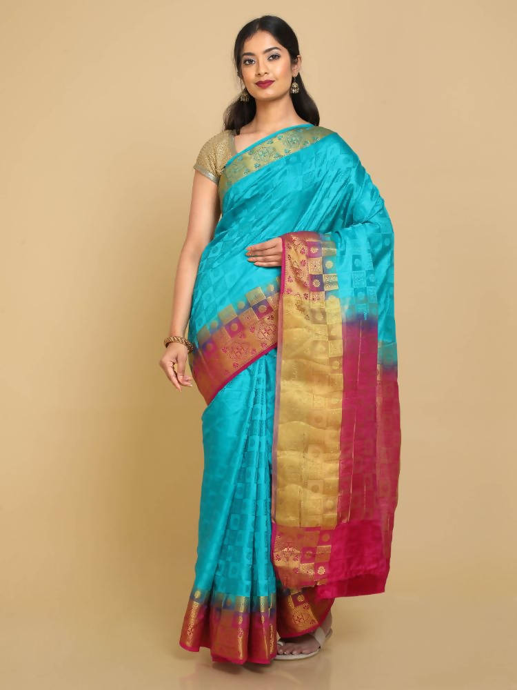Kalamandir Checked Blue Pashmina Saree | Grocsy