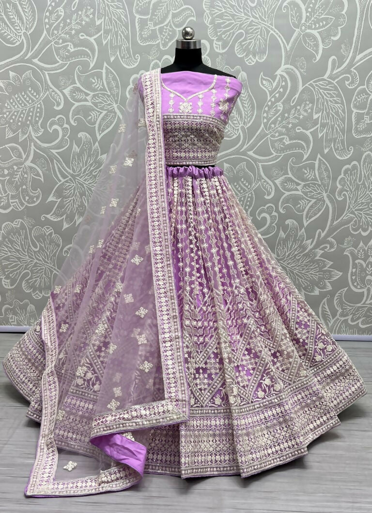 Jyoti Fashion Women's Mauve Net Patterned Thread Embroidered with Sequins Wedding Lehenga Choli | Grocsy
