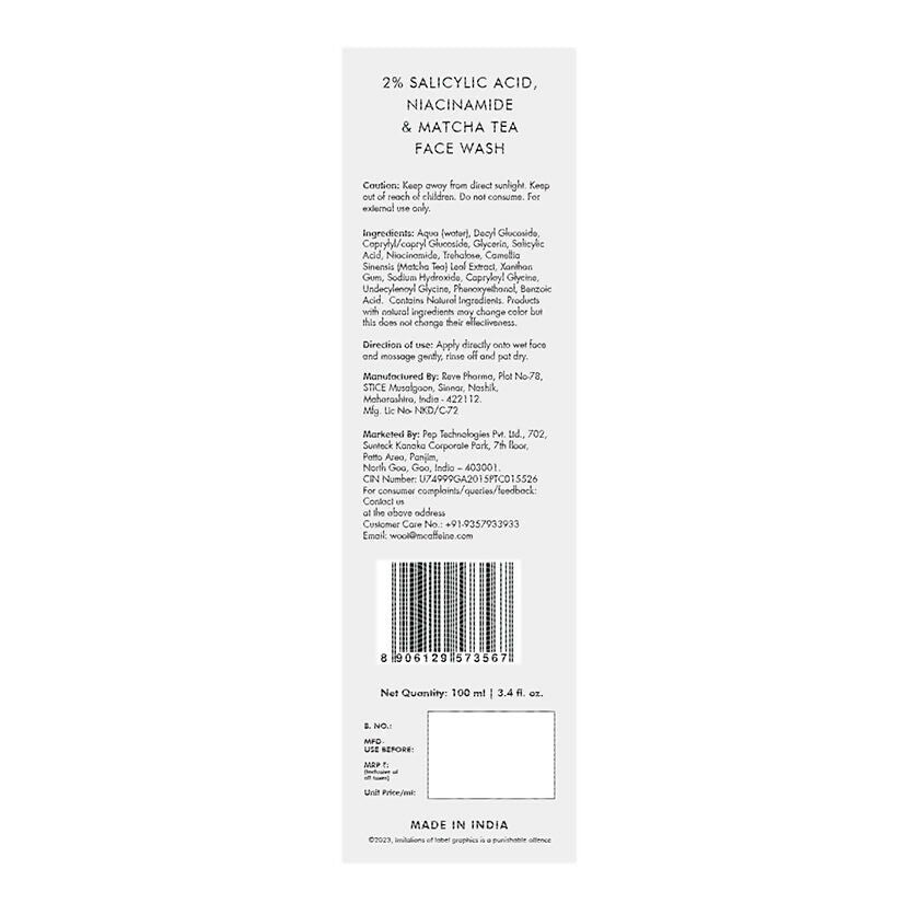 mCaffeine 2% Salicylic Acid Niacinamide & Matcha Tea Face Wash | Grocsy