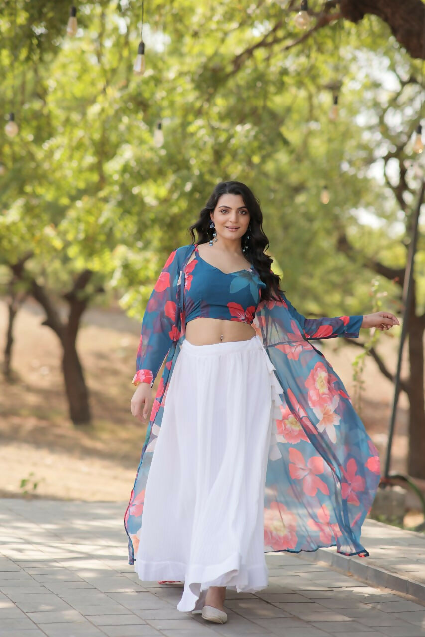 Vastranavya Latest Fancy Party Wear Lehenga Choli With Shrug - Blue | Grocsy