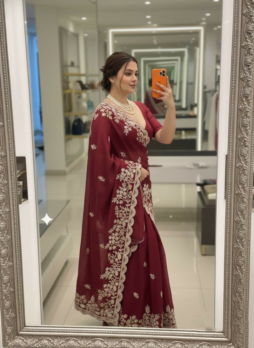 Teeya Creation New Trendy Party Wear Soft Silk Saree-Maroon | Grocsy