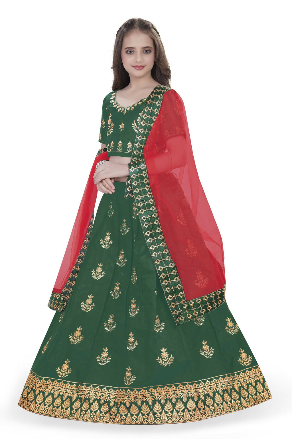 Dwiden Green Kamal Tafetta Sattin Semi-Stitched Girl's Lehenga Choli | Grocsy