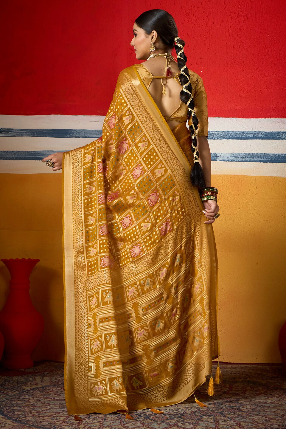 Joban Fashion Yellow Dull Moss Brasso Saree | Grocsy
