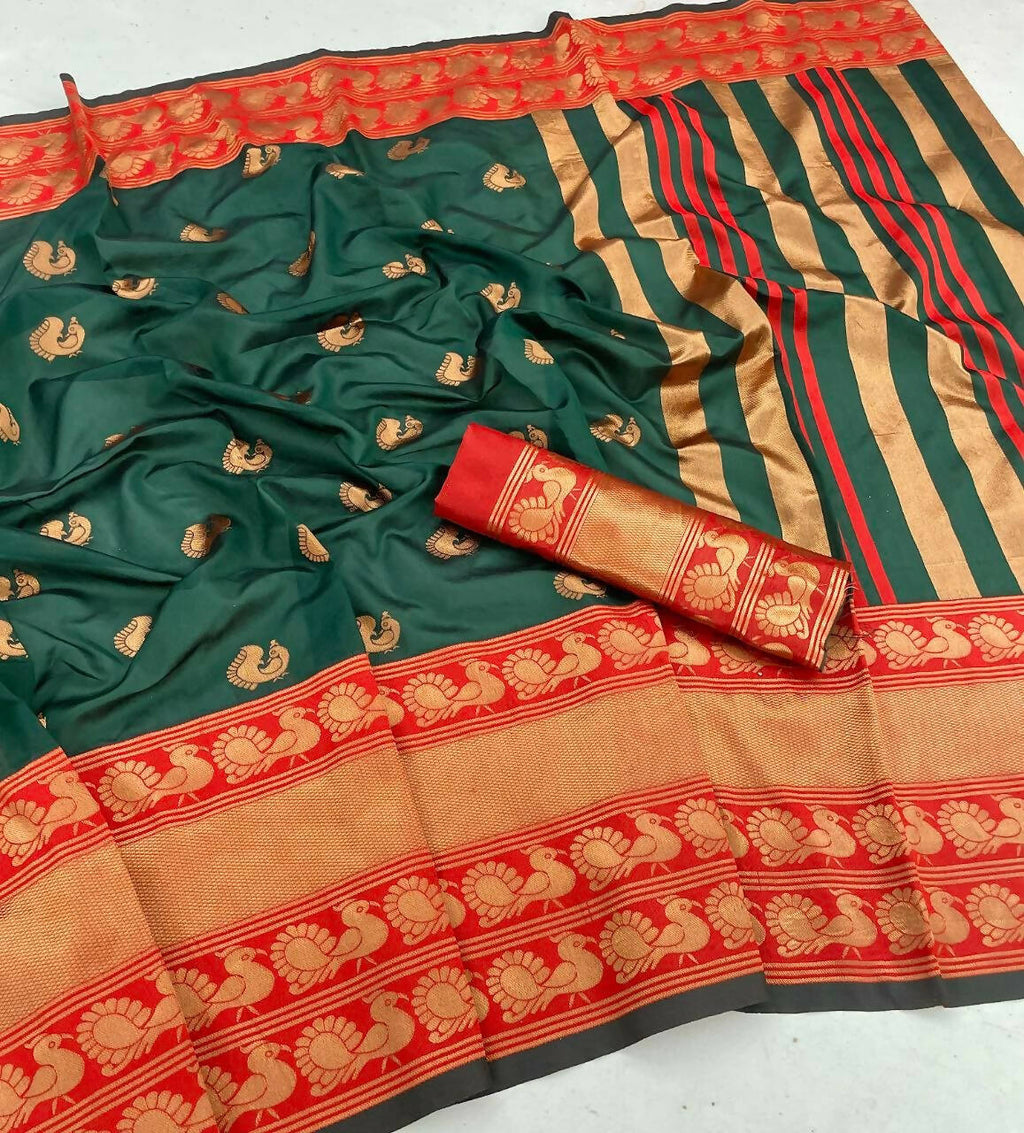 DEIANA'S Beautiful Designer Golden zari Soft Lichi Silk Saree - Green | Grocsy