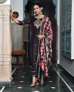 Vaasva Women's Silk Emboidered Solid Pant Set & Digital Printed Dupatta | Grocsy