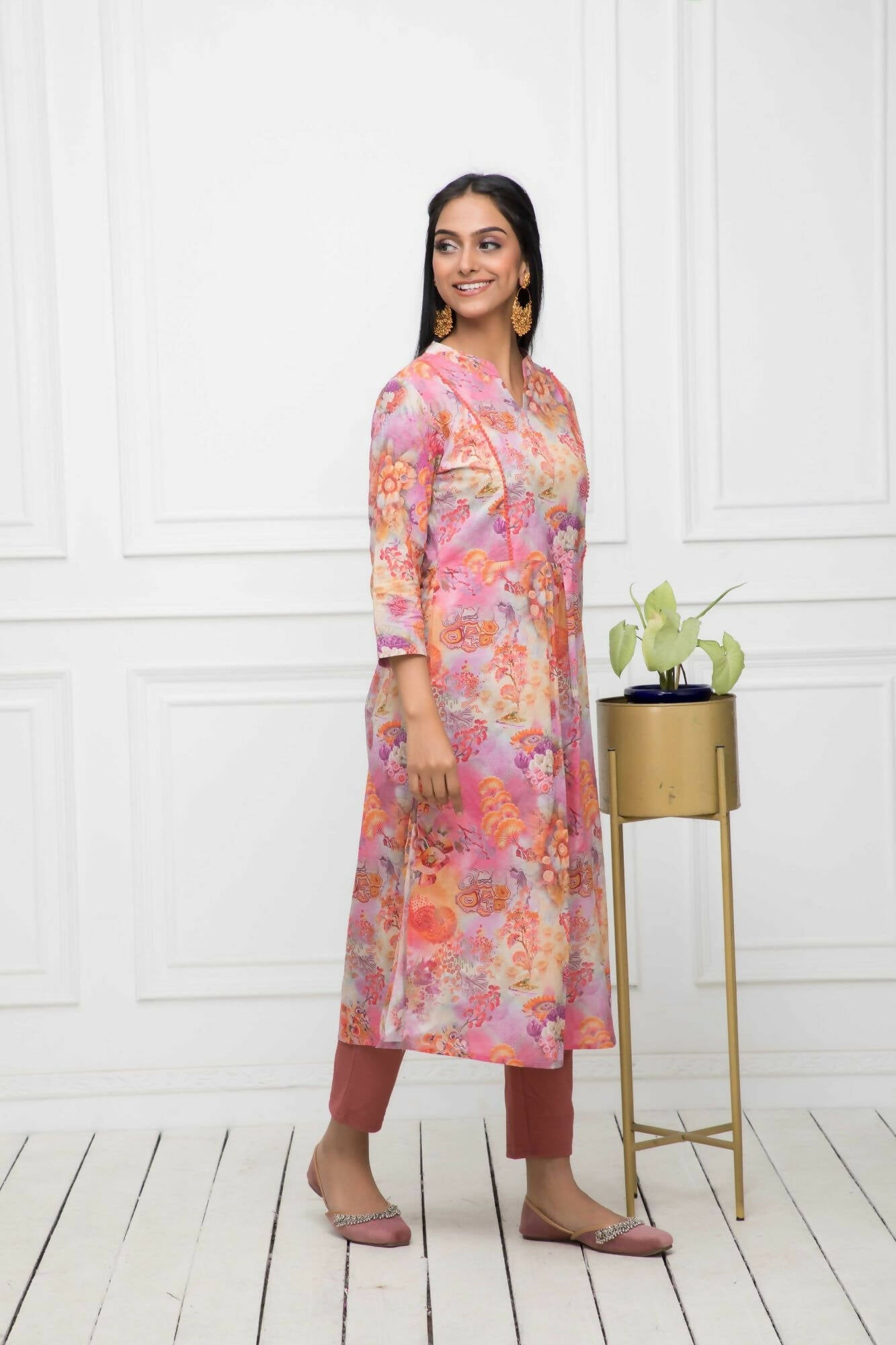 Myshka Multi Floral Women Cotton A-Line Round Neck Kurtas | Grocsy