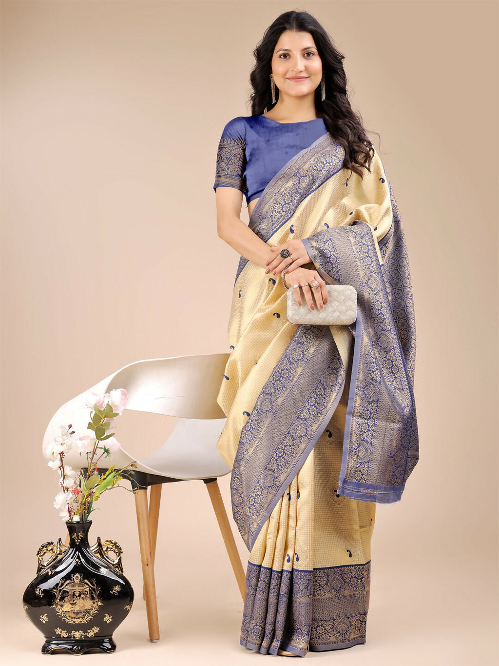 Shree Shyam Fashion Aura Silk Cream Navy Blue Banarasi Silk Saree | Grocsy