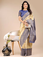 Shree Shyam Fashion Aura Silk Cream Navy Blue Banarasi Silk Saree | Grocsy