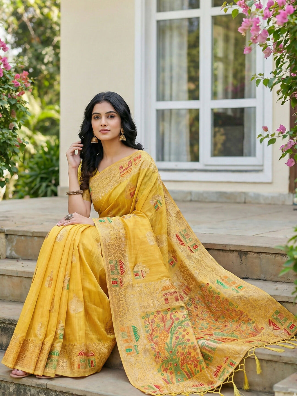 Shree Shyam Fashion Yellow Linen Cotton Saree | Grocsy