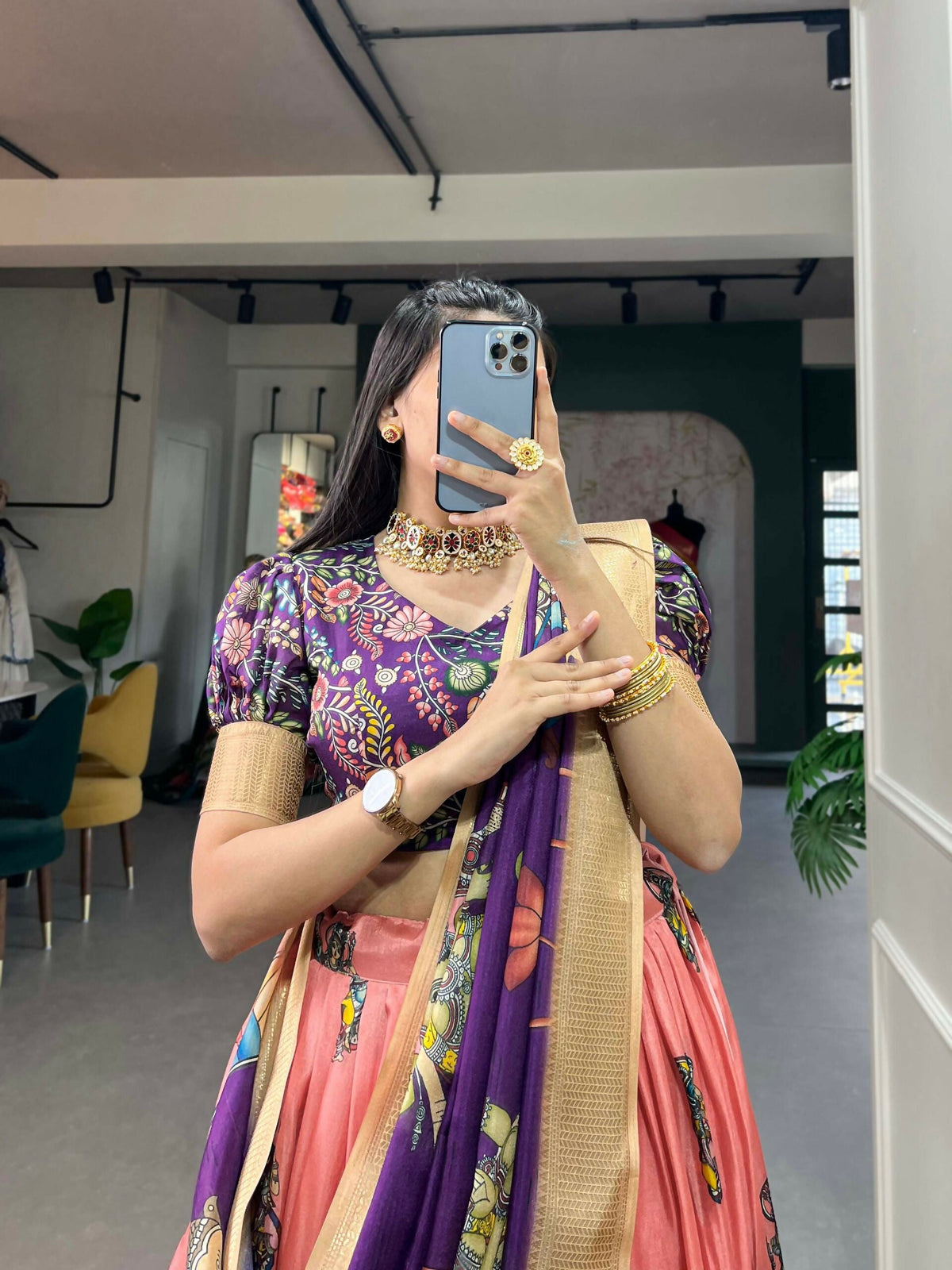 Vastranavya Kalamkari Print With Weaving Border Lehenga with Unstitched Blouse - Peach | Grocsy