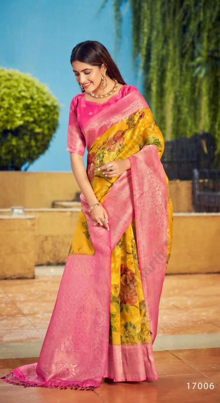 Exclusive Collection Wedding Pink Yellow Collection Banarasi Silk Saree With Rich Pallu | Grocsy